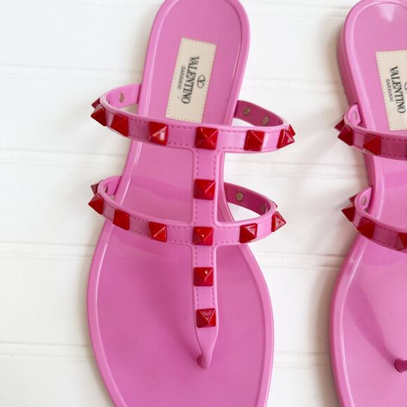 Valentino Rockstud Rubber Jelly Sandal Slip On Flat Pink Red Stud Shiny Slide 38 - Picture 3 of 7